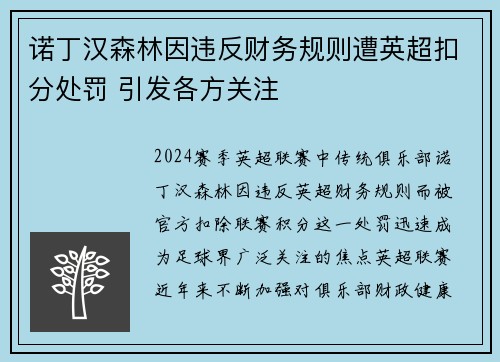 诺丁汉森林因违反财务规则遭英超扣分处罚 引发各方关注