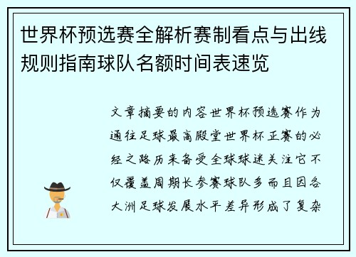 世界杯预选赛全解析赛制看点与出线规则指南球队名额时间表速览 世界杯预选赛全解析赛制看点与出线规则指南球队名额时间表速览